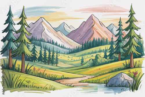 Stunning mountain vista with lush forests and serene stream, perfect for outdoor adventure brochures and nature-themed websites, evoke a sense of tranquility