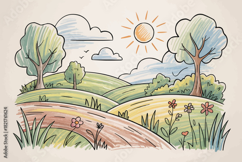 Whimsical rolling hills landscape with cheerful sun, perfect for children's books, invitations, and charming nature-themed designs, originally vector graphics