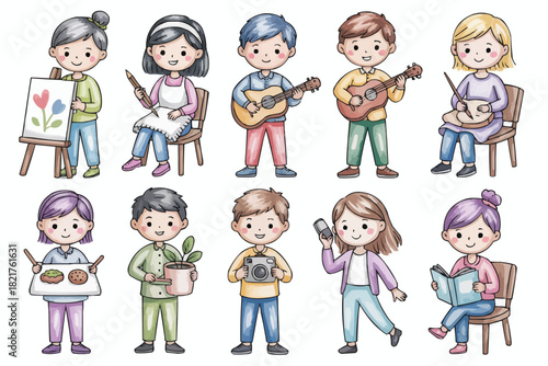 Diverse group of adorable cartoon kids pursuing creative hobbies like painting, gardening, music, photography, baking, and reading for learning and fun