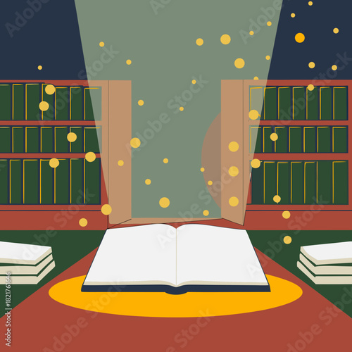 An open book illuminates a magical library with floating orbs