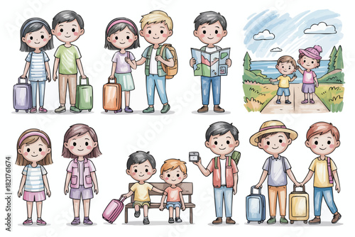 Cute cartoon travelers vacationing and sightseeing, happy family vacation adventures and creating memories together, ideal for travel brochures and kids content