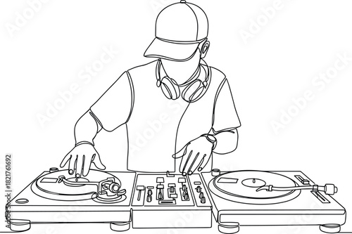 Continuous One Line Drawing of DJ Mixing Music on Turntables Vector Illustration - Entertainment and Sound Outline Graphic