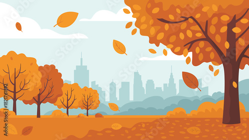 Fall urban park landscape with orange trees and city skyline