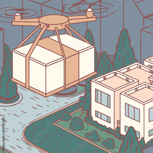 Drone delivery of package over suburban neighborhood