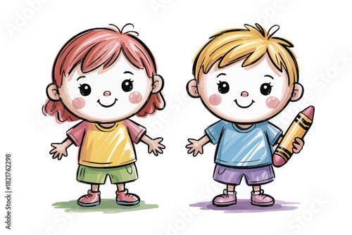 Playful cartoon illustration of two happy children, a boy with a crayon and a girl, perfect for educational or creative projects with youthful energy