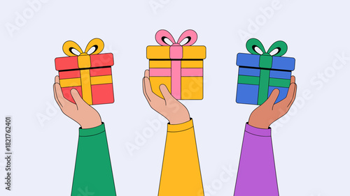 Diverse hands offering colorful presents, celebrating joy and sharing.