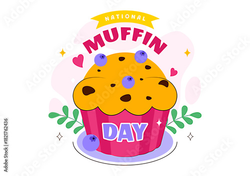 National muffin day cartoon illustration with blueberry muffin