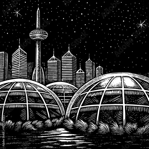 Futuristic cityscape with geodesic domes under a starry night sky