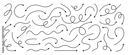 Black arrow icons with curved lines and dynamic loops. Set for infographics, navigation design, and web direction pointers with elegant swirls.