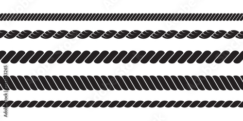 Set of rope brushes. Seamless nautical rope isolated on background. Rope symbol. Wire sign. Line rope border element collection. Nautical rope brushes. Set of straight outline silhouette rope borders.
