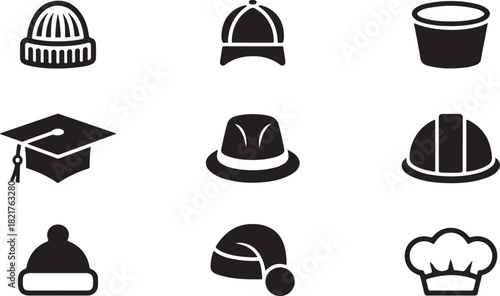 Nine black and white simple icon illustrations of headwear and hats including a graduation cap and chef hat