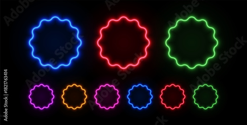 Neon star sticker with vibrant glow effect. Starburst shape badge perfect for sale promotions, discount labels, and price tags on dark backgrounds.