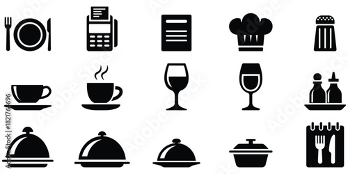 Food service icon set, Restaurant dining symbol collection, Kitchen meal silhouette pack