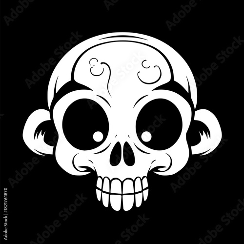 Playful skull face with large round eyes and toothy grin, swirling ornamental accents surrounds the head, black and white graphic