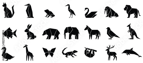 Origami animal silhouette set, Paper craft creature icon collection, Folded animal shape symbol pack