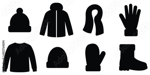 Winter clothing silhouette set, Cold weather apparel icon pack, Warm wear symbol collection
