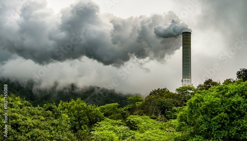 industrial chimney emitting smoke amidst lush greenery and overcast sky