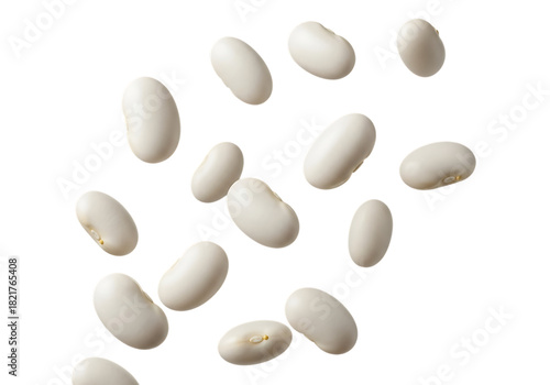 A collection of white navy beans captured midair, appearing to float or fall against a stark transparent background, showcasing their smooth texture