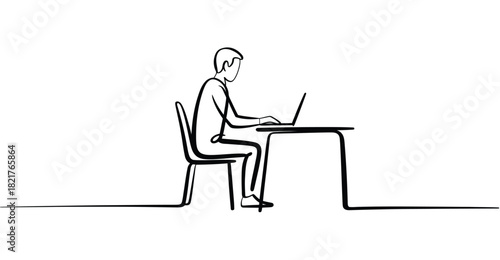  Minimalist one line drawing of person working on laptop at desk – elegant symbol of remote work, study, and digital focus
