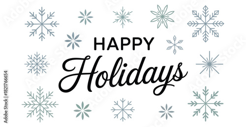 Elegant “Happy Holidays” greeting with symmetrical blue and gray snowflakes – festive winter design for seasonal celebration 