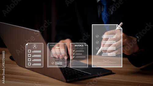 Businessman signing electronic invoice document with stylus pen on virtual screen. Concept of digital billing payment, paperless financial transaction and online tax system.