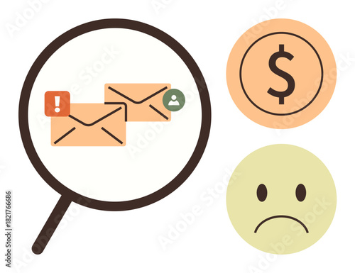 Magnifying glass emphasizes emails with alert icons, nearby dollar sign, and sad face symbol. Ideal for communication, finance, fraud, spam, investigation problems awareness. Simple flat metaphor