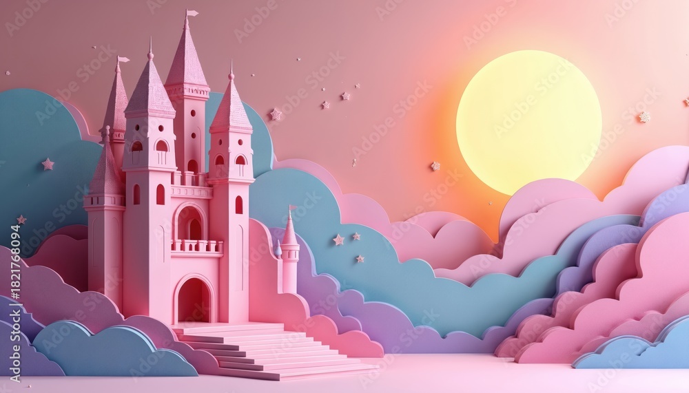 Fototapeta premium Pink fantasy castle with pastel clouds and stars. Gentle sun rises over magical dream landscape. Ideal for children book covers or fantasy story backgrounds.