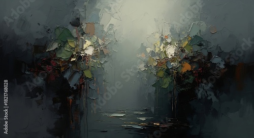 Abstract impressionistic painting of a moody atmospheric landscape with vibrant touches