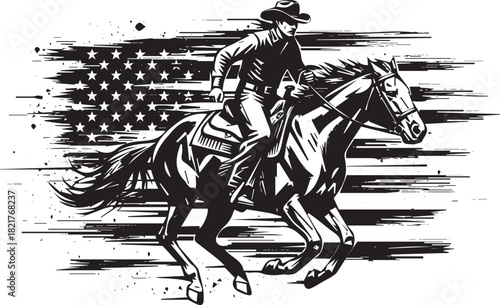 Cowboy Riding a Horse with American Flag Background in Black and White Graphic Illustration