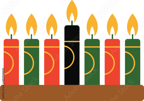 a minimalist flat design vector illustration of a  kinara featuring seven glowing candles symbolizing the  ideal for seasonal artwork, cultural posters, holiday graphics, and 
