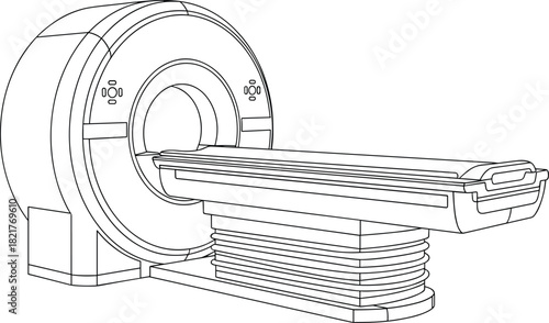MRI or CT Scanner Machine Line Art Vector Illustration - Medical Diagnostic Equipment Outline Graphic