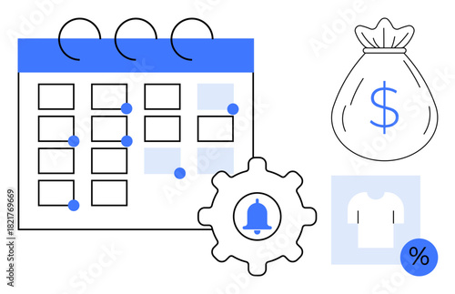 Calendar with notifications, a gear symbol, a money bag, percentage icon, and a t-shirt. Ideal for scheduling, budgeting, financial planning shopping discounts productivity and management. Simple