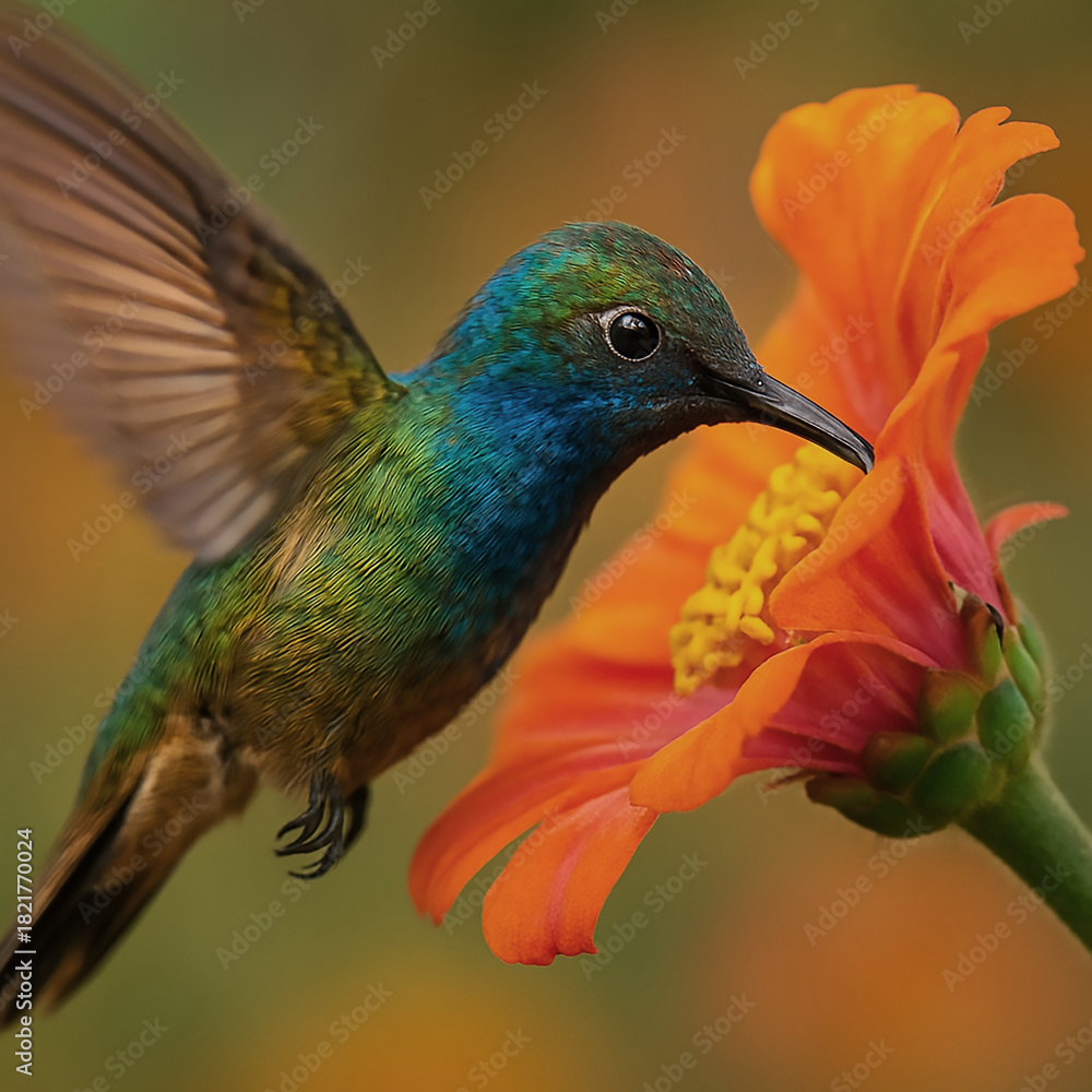 Obraz premium Vibrant Hummingbird with Iridescent Feathers Feeding on Bright Orange Flower
