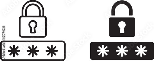 Security Padlock and Password Input Icons in Outline and Solid Styles on White Background