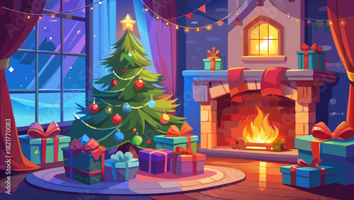 Very beautiful Christmas room interior featuring softly wrapped gifts, a blurred glowing fireplace, and a warmly lit Christmas tree, with elegant red and blue color tones and ample copy space, created