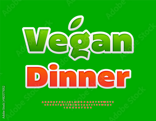 Vector Modern template Vegan Dinner. Orange Sticker Font. Classic Digital Alphabet Letters and Numbers set.