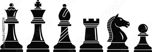 Set of Chess Pieces Silhouette Vector Illustration - Queen, King, Knight, and Pawn Game Graphic