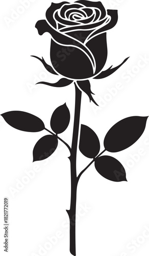 Black silhouette of a single rose with stem and leaves on white background flower