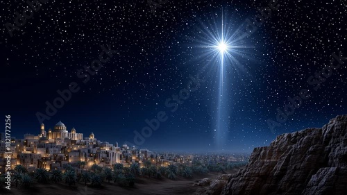 The Christmas star over the city of Bethlehem. The Star of Bethlehem. The birth of Jesus Christ. A beautiful dark blue starry sky and a bright starry background. The story of Bethlehem.