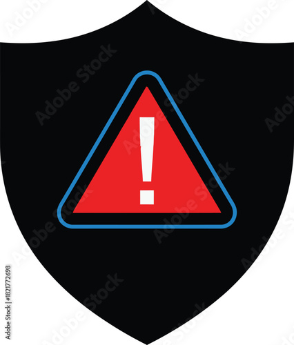Black security shield icon with red warning triangle and blue outline representing system vulnerability and cyber threat alert for antivirus software safety concept.