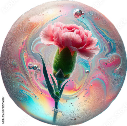 Beautiful flower captured in a vibrant bubble showcasing colors and textures in a mesmerizing composition