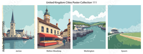 Jarrow, Melton Mowbray, Workington, Epsom Flat Vector Poster Collection