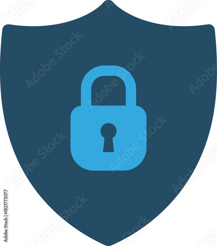Dark blue security shield icon with light blue padlock symbol representing strong antivirus protection and internet data privacy safety for cyber defense concept.