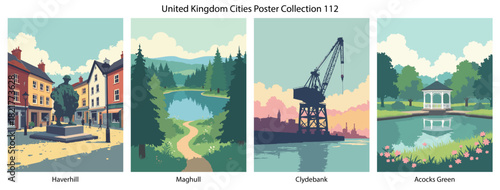 Haverhill, Maghull, Clydebank, Acocks Green Flat Vector Poster Collection