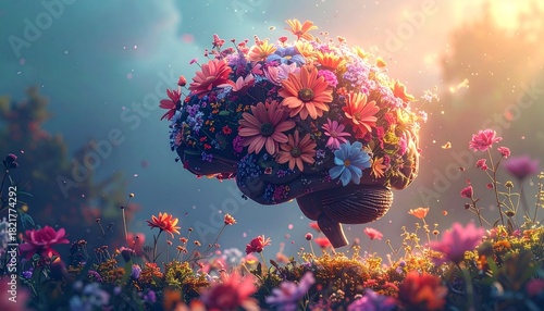 Cerveau stylisé composé de fleurs et de lumière, thème bien-être mental