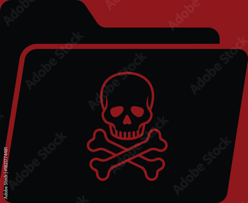 Black computer folder icon with red skull and crossbones symbol representing dangerous malware virus and corrupted data files for cyber security warning concept.