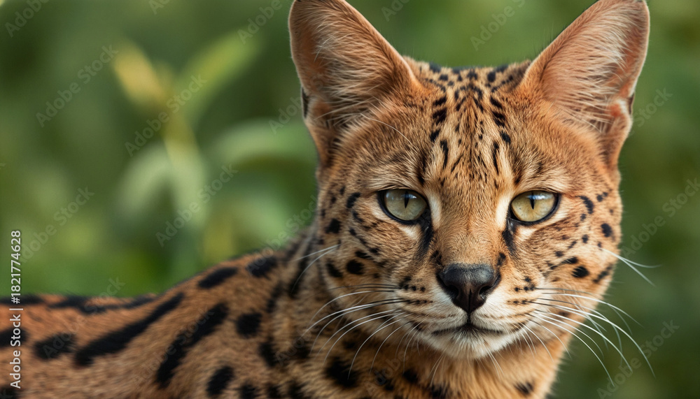 Fototapeta premium Elegant Serval Cat Portrait with Lush Green Background and Balanced Lighting