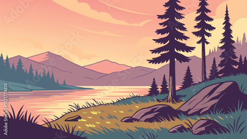 Stunning Sunset or Sunrise Mountain Lake Landscape with Pine Trees and Rocks Illustration