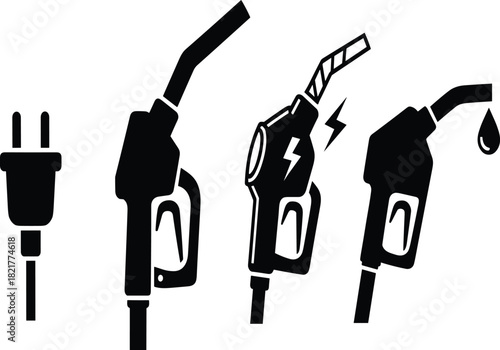 Set of Fuel Nozzles, Electric Plug, and Gas Pump Silhouette Icons Vector Illustration - Energy and Vehicle Graphic