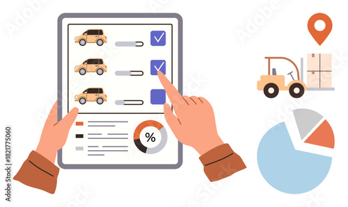 Hands reviewing a logistics checklist on a tablet with toggle switches, vehicle icons, charts, forklifts, and location markers. Ideal for delivery management, inventory, tracking, statistics